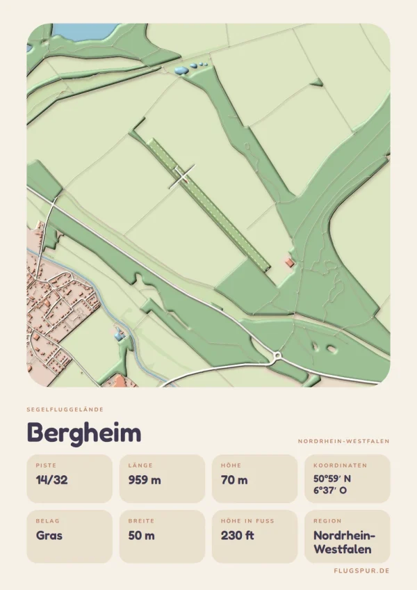 Poster Bergheim im Stil Clay: Karte des Platzes mit Piste und Umgebung