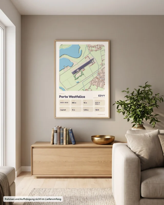 Poster Porta Westfalica im Stil Clay: Wohnzimmer – Sideboard mit Fliegerbüchern, Eiche
