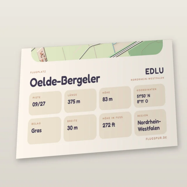Poster Flugplatz Oelde-Bergeler (EDLU), Stil Clay: Detailansicht mit Name, Kennung, Pistendaten und Koordinaten