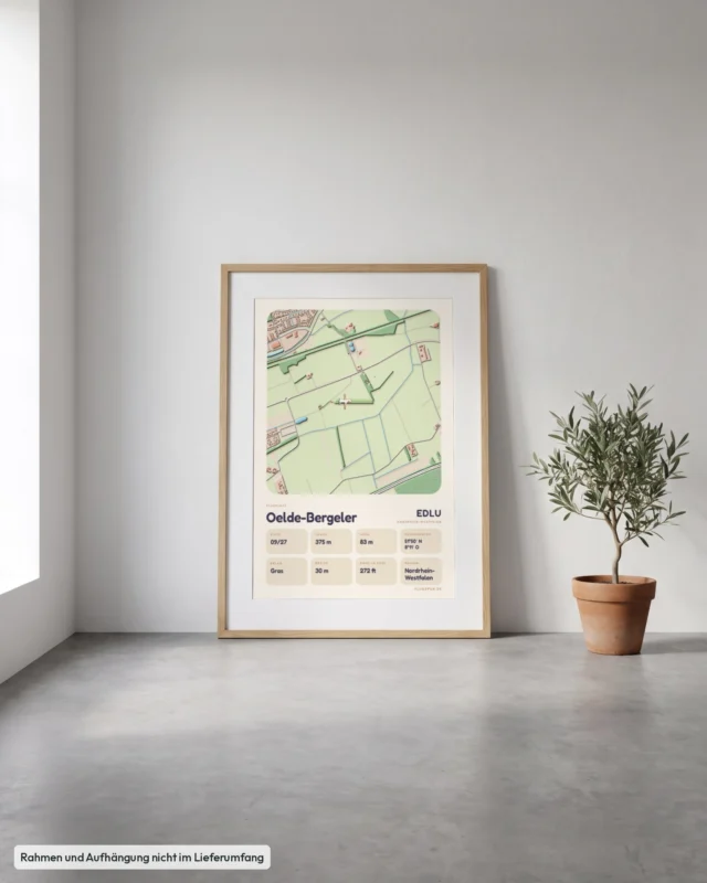 Poster Flugplatz Oelde-Bergeler (EDLU) gerahmt, an die Wand gelehnt, Stil Clay