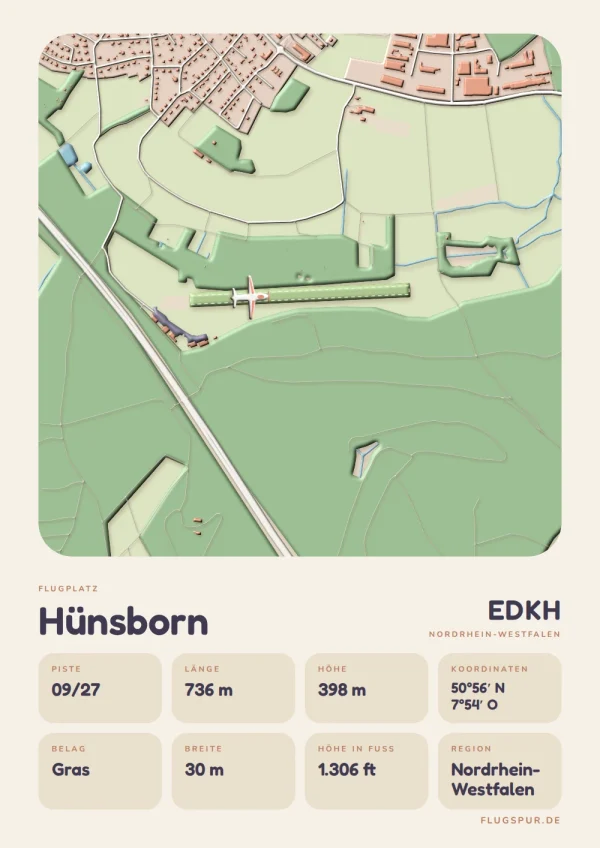 Poster Hünsborn im Stil Clay: Karte des Platzes mit Piste und Umgebung