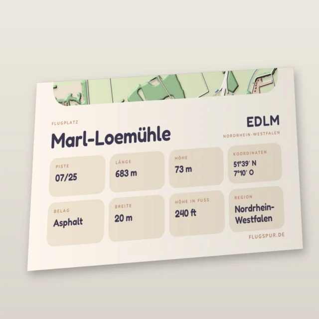 Poster Marl-Loemühle im Stil Clay: Detailansicht von Name, Kennung, Piste und Koordinaten