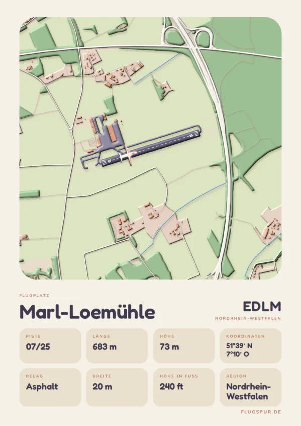 Poster Marl-Loemühle im Stil Clay: Karte des Platzes mit Piste und Umgebung