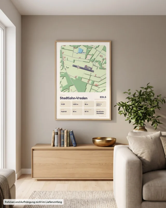 Poster Stadtlohn-Vreden im Stil Clay: Wohnzimmer – Sideboard mit Fliegerbüchern, Eiche