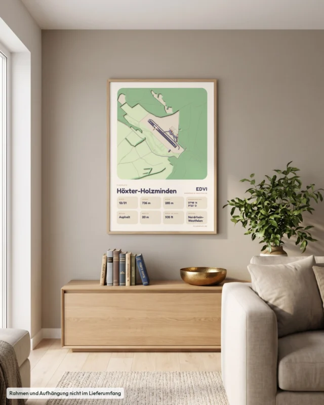 Poster Höxter-Holzminden im Stil Clay: Wohnzimmer – Sideboard mit Fliegerbüchern, Eiche