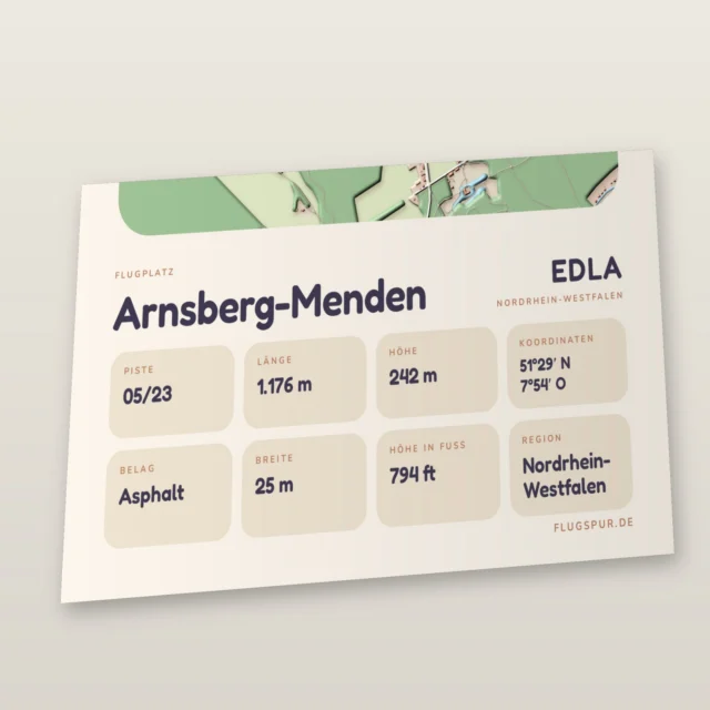 Poster Arnsberg-Menden im Stil Clay: Detailansicht von Name, Kennung, Piste und Koordinaten