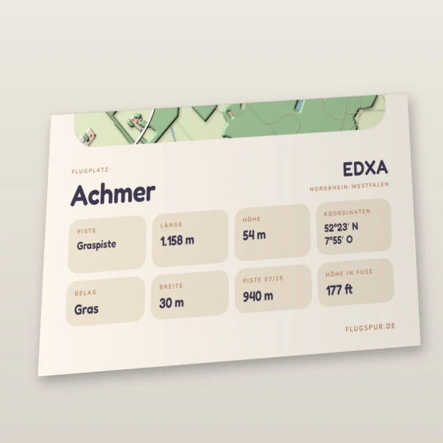 Poster Flugplatz Achmer (EDXA), Stil Clay: Detailansicht mit Name, Kennung, Pistendaten und Koordinaten