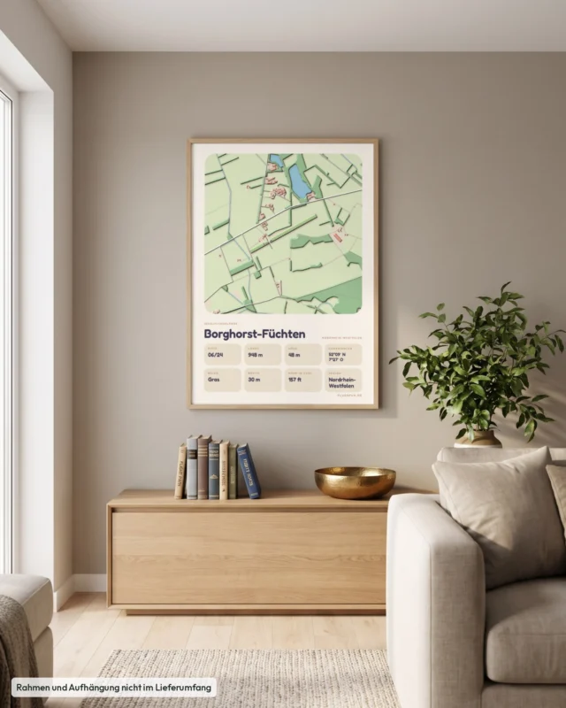 Poster Borghorst-Füchten im Stil Clay: Wohnzimmer – Sideboard mit Fliegerbüchern, Eiche
