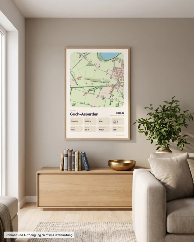 Poster Goch-Asperden im Stil Clay: Wohnzimmer – Sideboard mit Fliegerbüchern, Eiche
