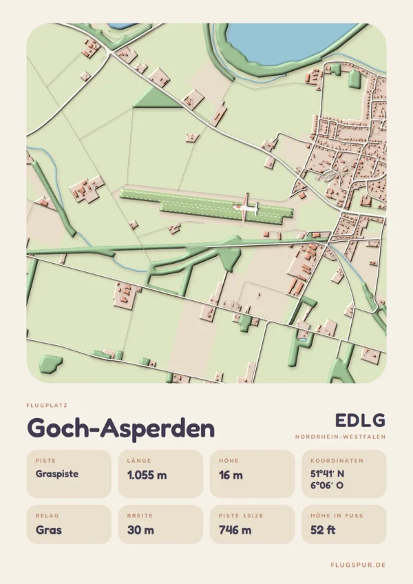 Poster Goch-Asperden im Stil Clay: Karte des Platzes mit Piste und Umgebung