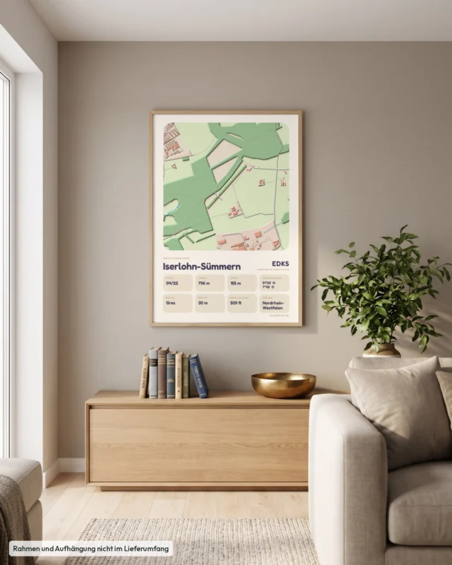 Poster Iserlohn-Sümmern im Stil Clay: Wohnzimmer – Sideboard mit Fliegerbüchern, Eiche
