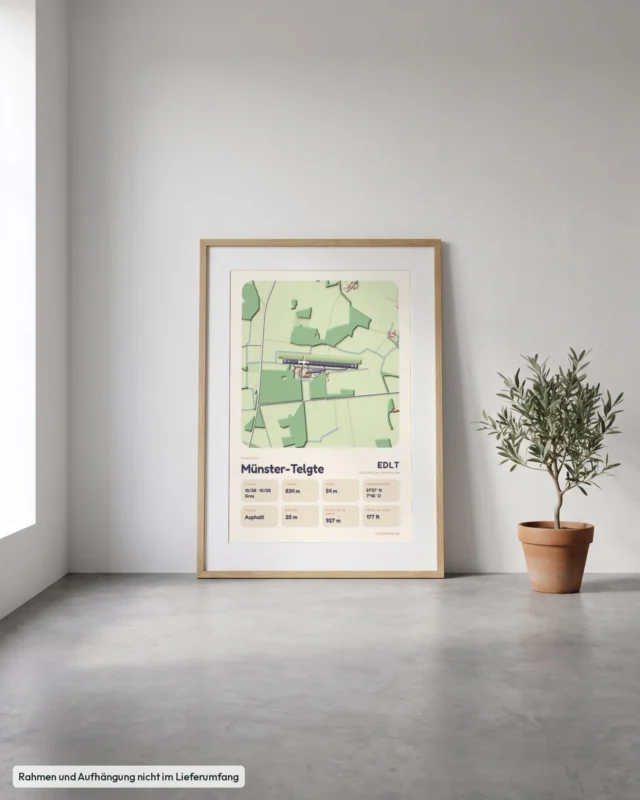 Poster Flugplatz Münster-Telgte (EDLT) gerahmt, an die Wand gelehnt, Stil Clay