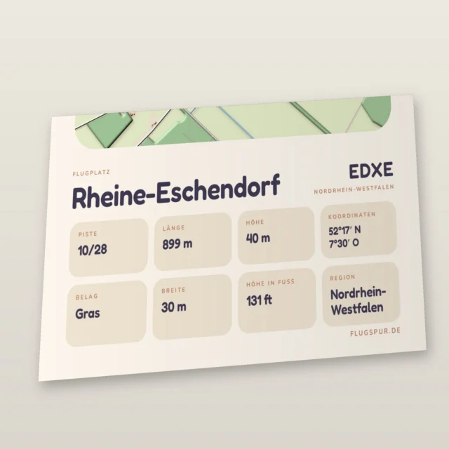 Poster Flugplatz Rheine-Eschendorf (EDXE), Stil Clay: Detailansicht mit Name, Kennung, Pistendaten und Koordinaten