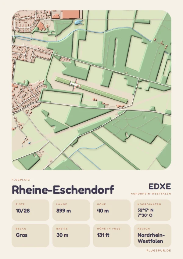 Poster Flugplatz Rheine-Eschendorf (EDXE), Stil Clay: Karte mit Piste und Umgebung