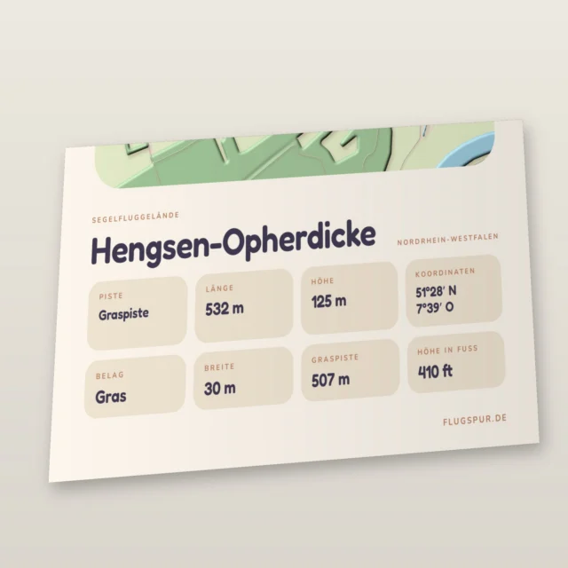 Poster Hengsen-Opherdicke im Stil Clay: Detailansicht von Name, Kennung, Piste und Koordinaten