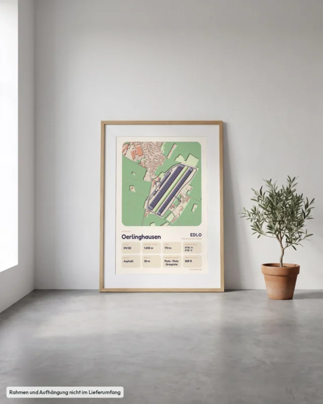 Poster Flugplatz Oerlinghausen (EDLO) gerahmt, an die Wand gelehnt, Stil Clay