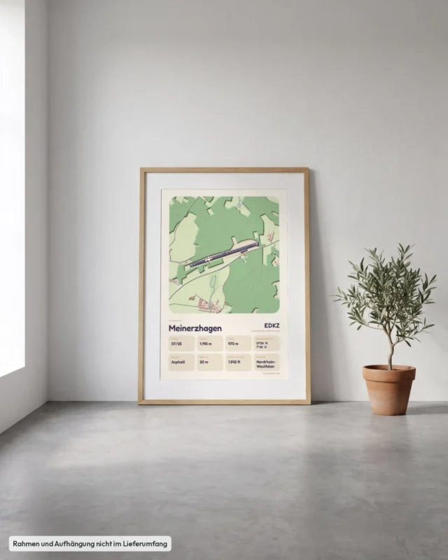 Poster Flugplatz Meinerzhagen (EDKZ) gerahmt, an die Wand gelehnt, Stil Clay