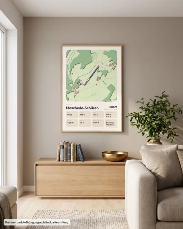 Poster Meschede-Schüren im Stil Clay: Wohnzimmer – Sideboard mit Fliegerbüchern, Eiche