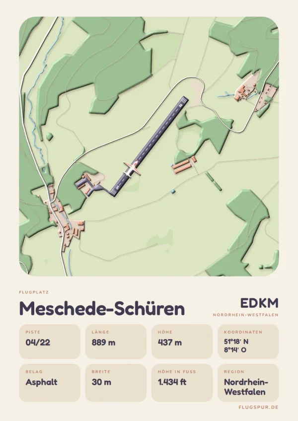 Poster Meschede-Schüren im Stil Clay: Karte des Platzes mit Piste und Umgebung