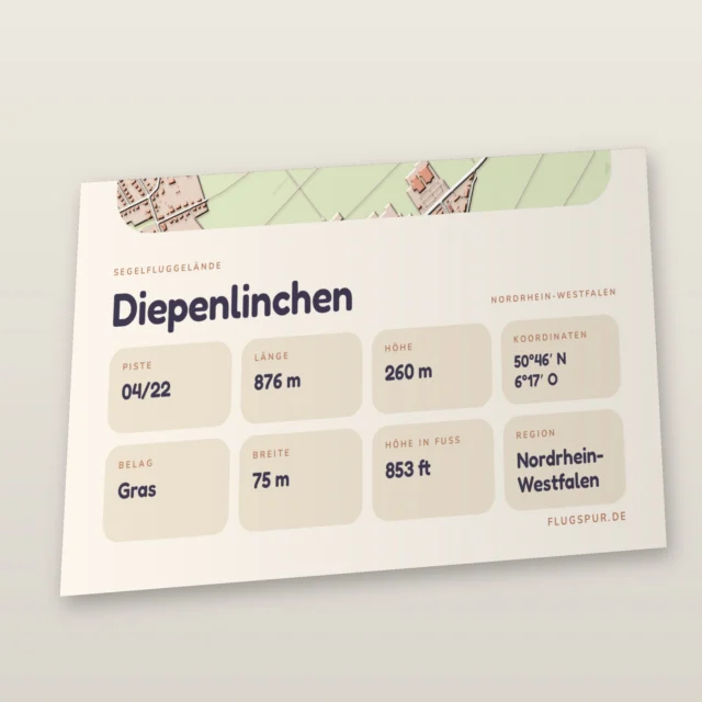 Poster Diepenlinchen im Stil Clay: Detailansicht von Name, Kennung, Piste und Koordinaten
