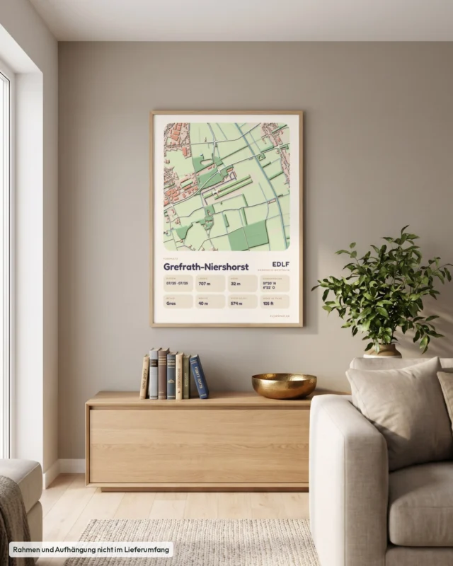 Poster Grefrath-Niershorst im Stil Clay: Wohnzimmer – Sideboard mit Fliegerbüchern, Eiche