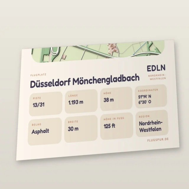 Poster Düsseldorf Mönchengladbach im Stil Clay: Detailansicht von Name, Kennung, Piste und Koordinaten