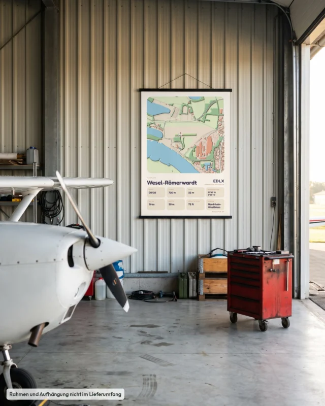 Poster Flugplatz Wesel-Römerwardt (EDLX) im Hangar, Stil Clay