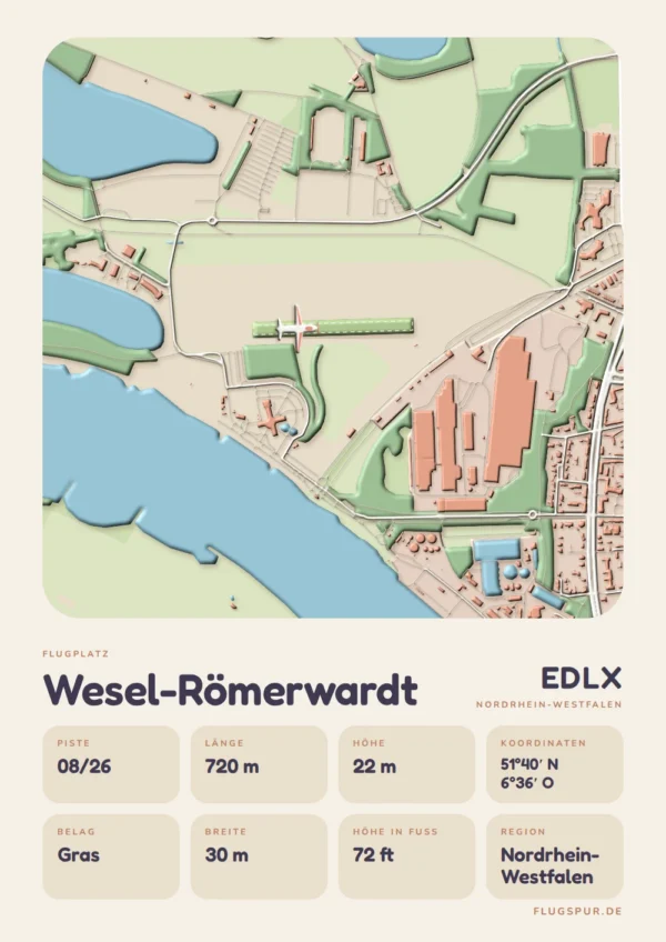 Poster Flugplatz Wesel-Römerwardt (EDLX), Stil Clay: Karte mit Piste und Umgebung