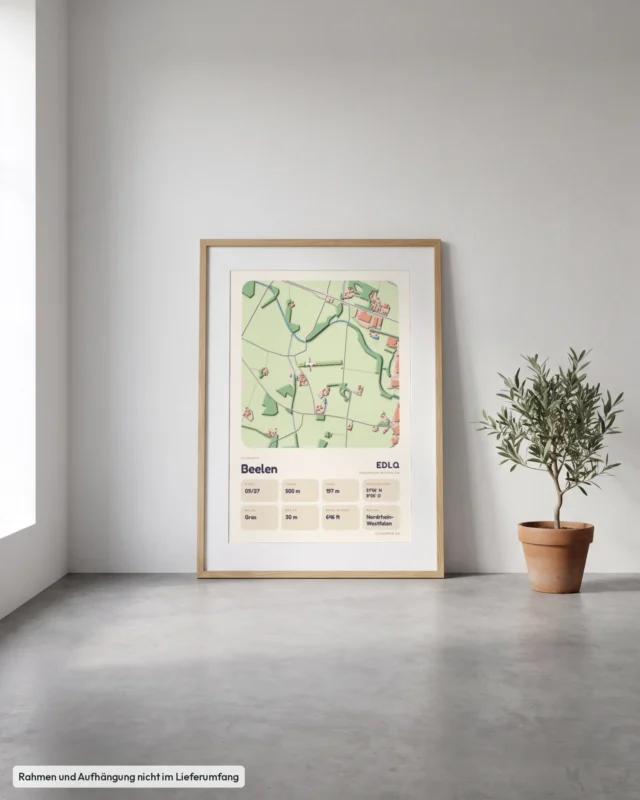 Poster Flugplatz Beelen (EDLQ) gerahmt, an die Wand gelehnt, Stil Clay