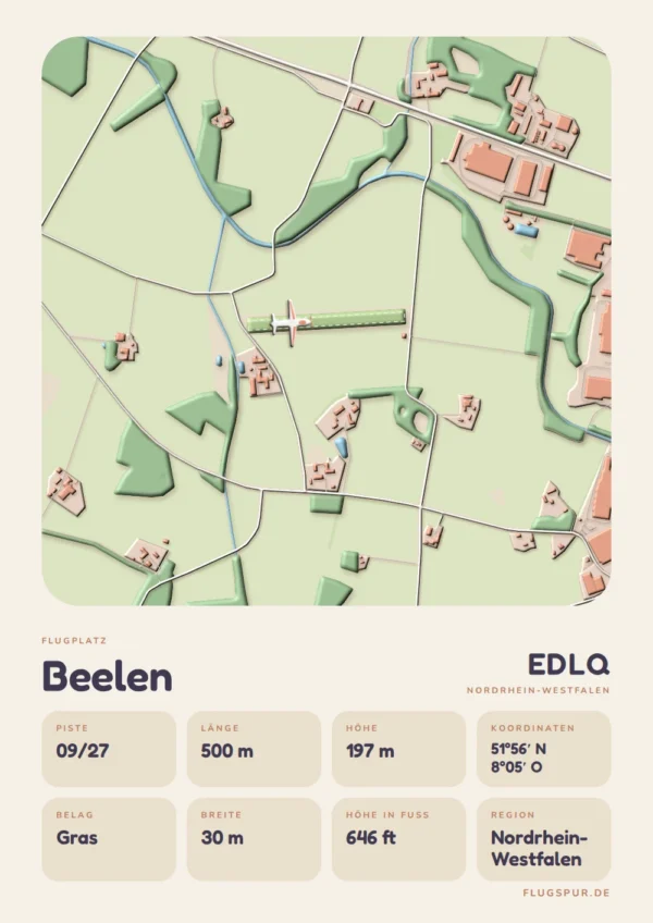 Poster Flugplatz Beelen (EDLQ), Stil Clay: Karte mit Piste und Umgebung