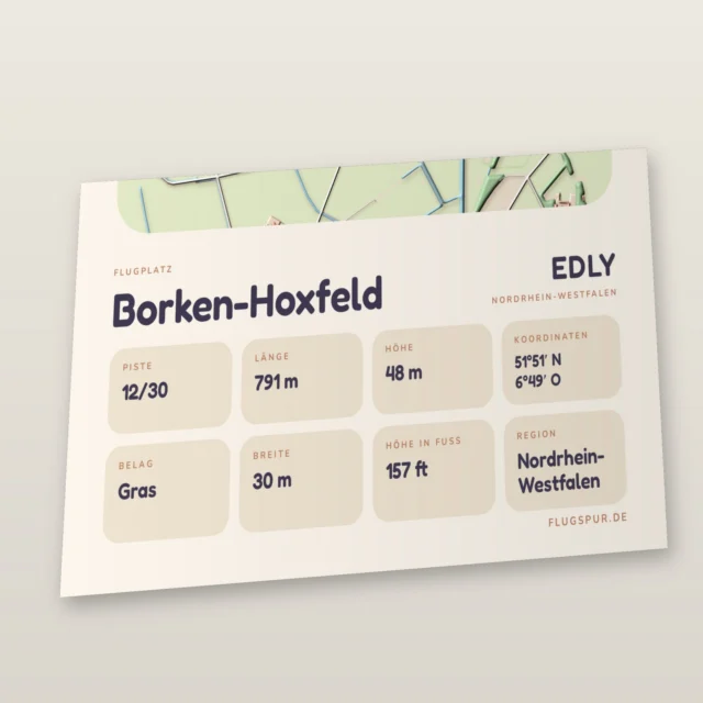 Poster Borken-Hoxfeld im Stil Clay: Detailansicht von Name, Kennung, Piste und Koordinaten