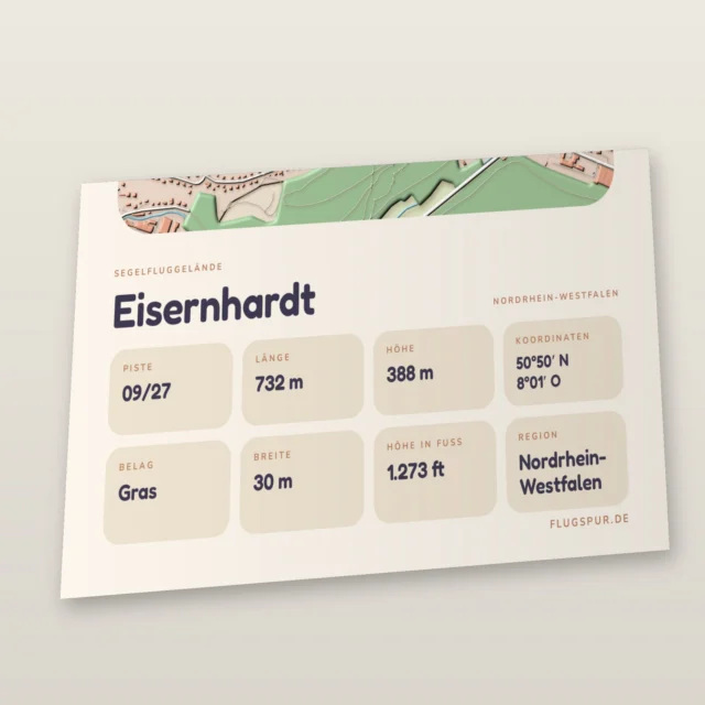 Poster Eisernhardt im Stil Clay: Detailansicht von Name, Kennung, Piste und Koordinaten