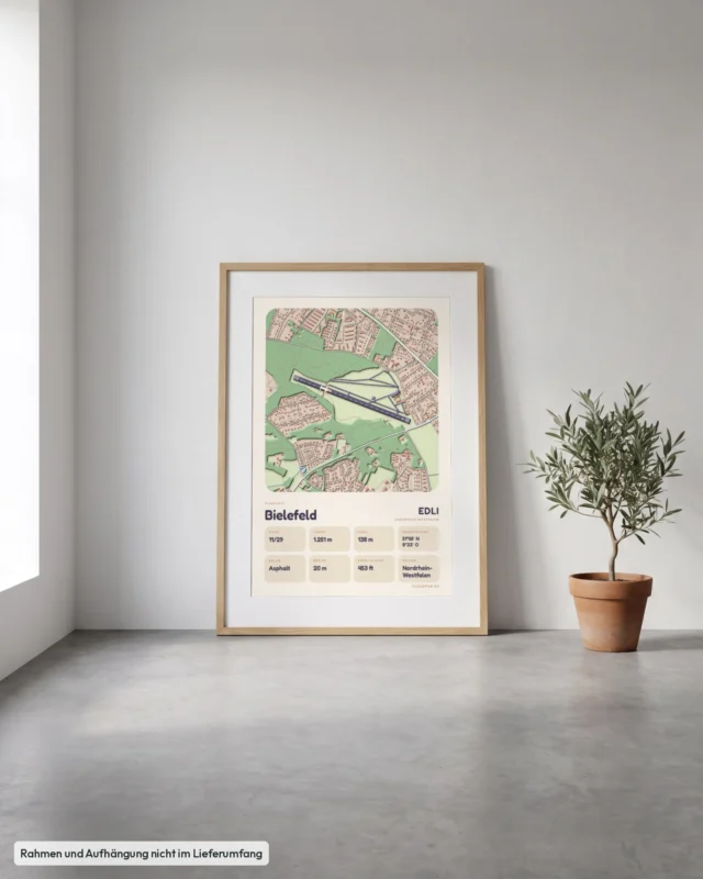 Poster Flugplatz Bielefeld (EDLI) gerahmt, an die Wand gelehnt, Stil Clay