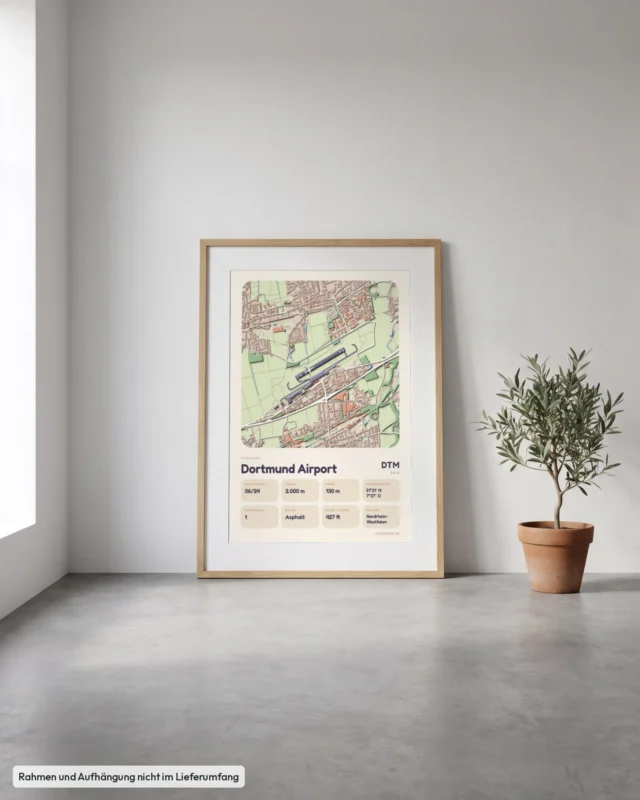Poster Flughafen Dortmund (DTM/EDLW) gerahmt, an die Wand gelehnt, Stil Clay