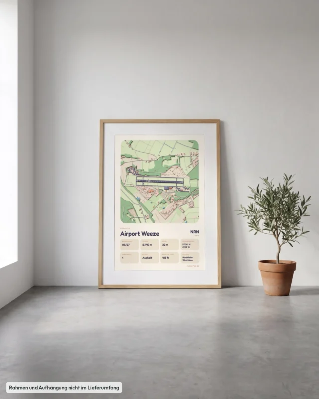 Poster Flughafen Weeze/Niederrhein (NRN/EDLV) gerahmt, an die Wand gelehnt, Stil Clay