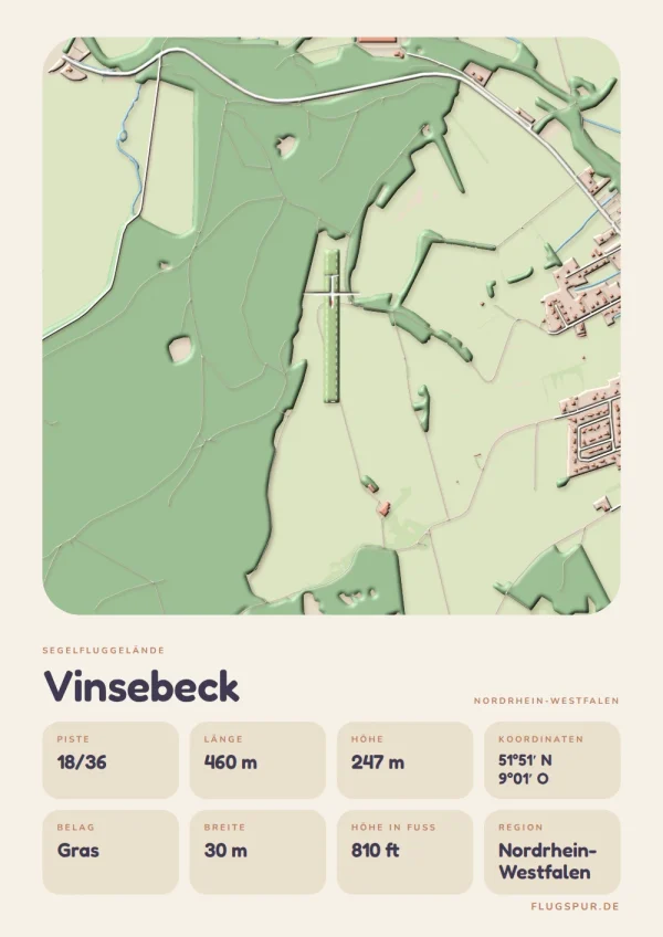 Poster Vinsebeck im Stil Clay: Karte des Platzes mit Piste und Umgebung