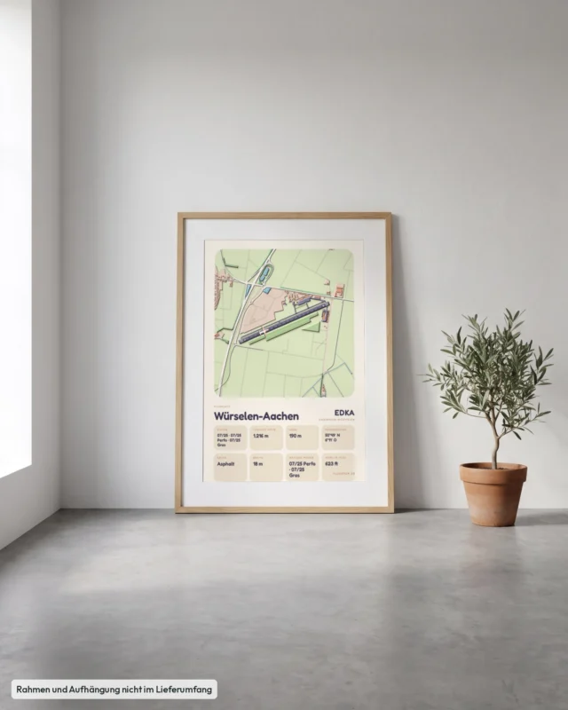 Poster Flugplatz Würselen-Aachen (EDKA) gerahmt, an die Wand gelehnt, Stil Clay