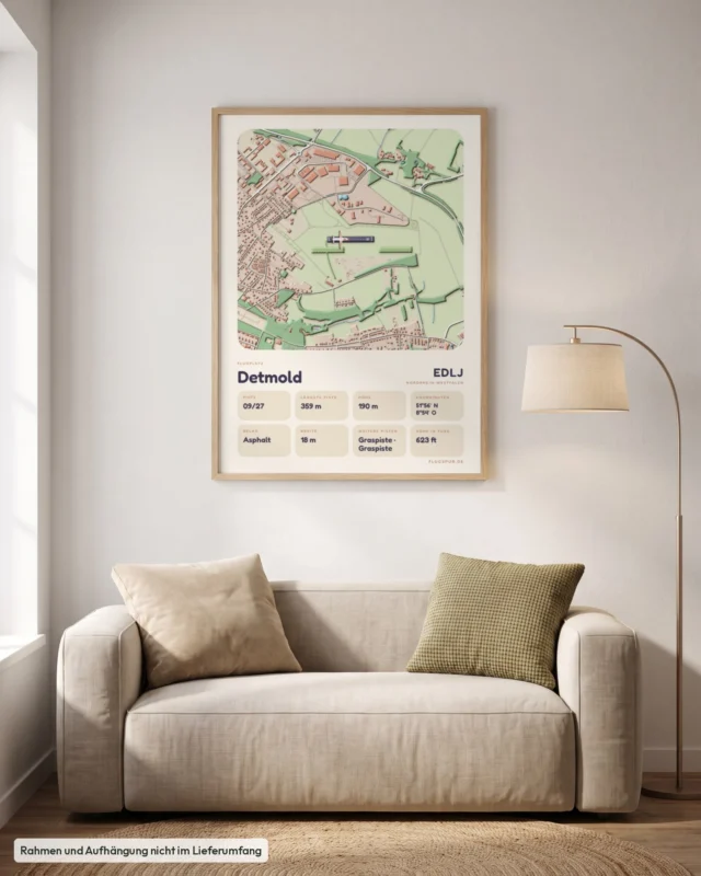 Poster Detmold im Stil Clay: Wohnzimmer – Sofa, Eiche