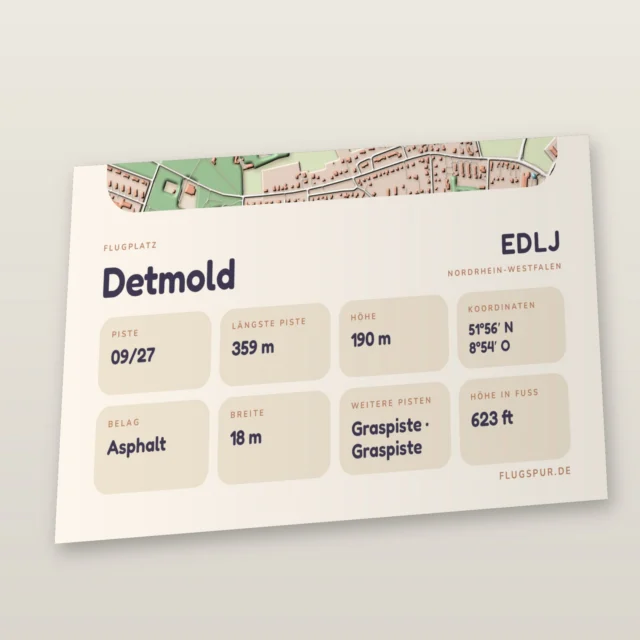 Poster Detmold im Stil Clay: Detailansicht von Name, Kennung, Piste und Koordinaten