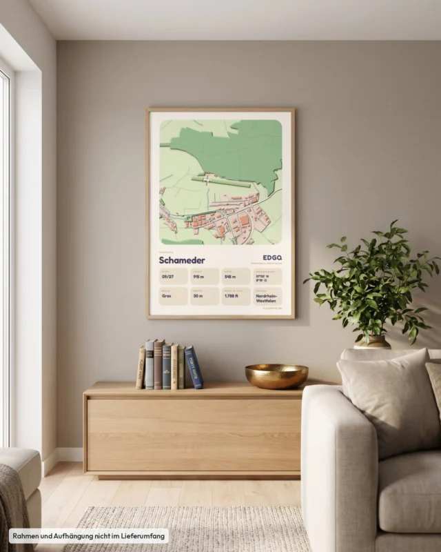 Poster Schameder im Stil Clay: Wohnzimmer – Sideboard mit Fliegerbüchern, Eiche