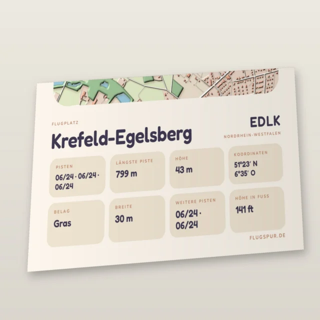 Poster Krefeld-Egelsberg im Stil Clay: Detailansicht von Name, Kennung, Piste und Koordinaten