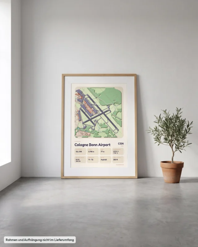 Poster Flughafen Köln/Bonn (CGN/EDDK) gerahmt, an die Wand gelehnt, Stil Clay