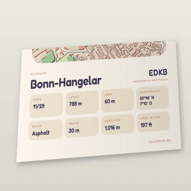 Poster Bonn-Hangelar im Stil Clay: Detailansicht von Name, Kennung, Piste und Koordinaten