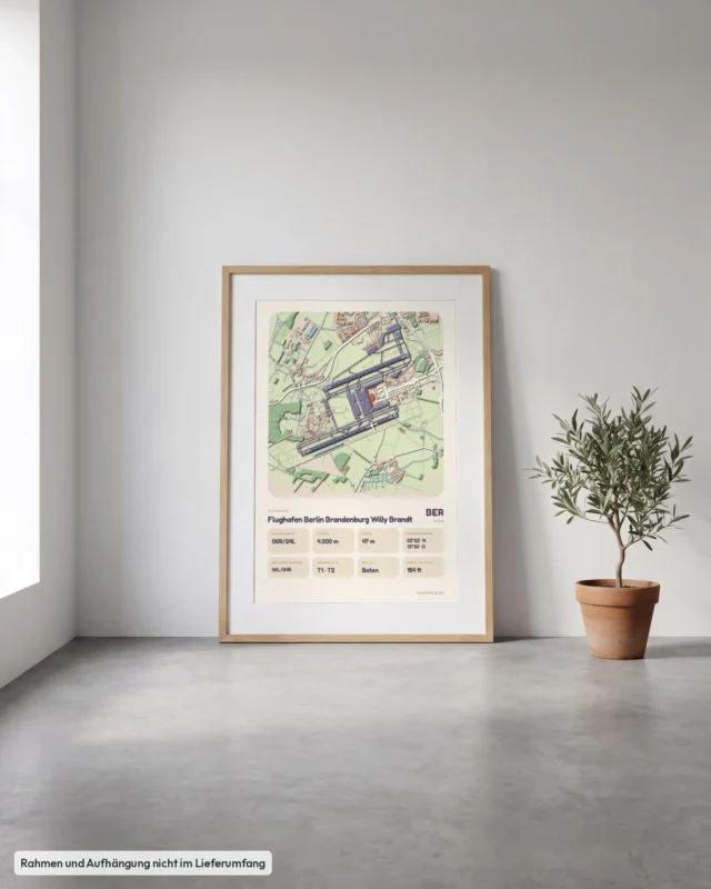 Poster Flughafen Berlin Brandenburg (BER/EDDB) gerahmt, an die Wand gelehnt, Stil Clay