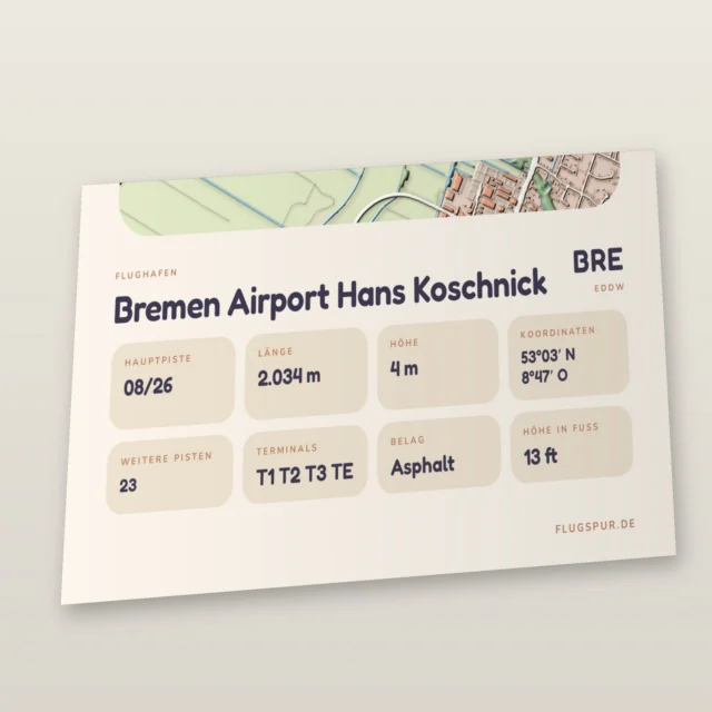 Poster Flughafen Bremen (BRE/EDDW), Stil Clay: Detailansicht mit Name, Kennung, Pistendaten und Koordinaten