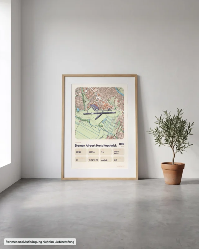 Poster Flughafen Bremen (BRE/EDDW) gerahmt, an die Wand gelehnt, Stil Clay