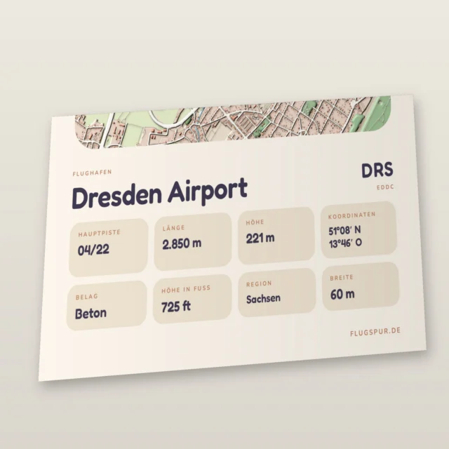 Poster Flughafen Dresden (DRS/EDDC), Stil Clay: Detailansicht mit Name, Kennung, Pistendaten und Koordinaten