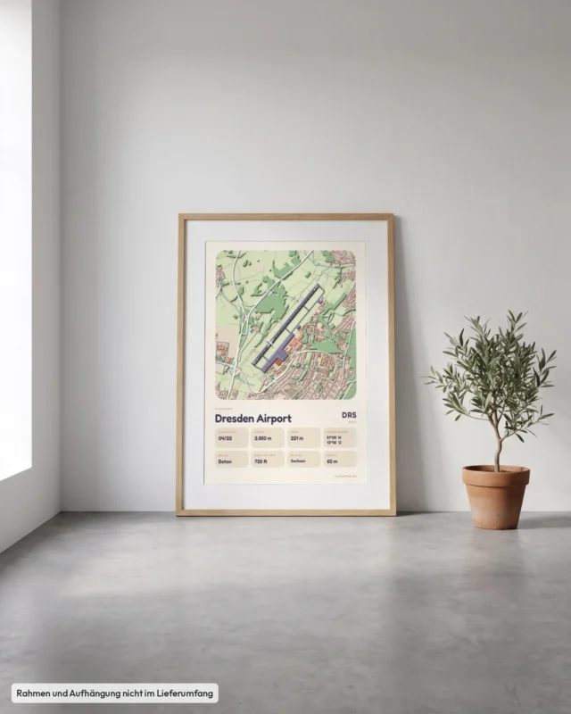 Poster Flughafen Dresden (DRS/EDDC) gerahmt, an die Wand gelehnt, Stil Clay