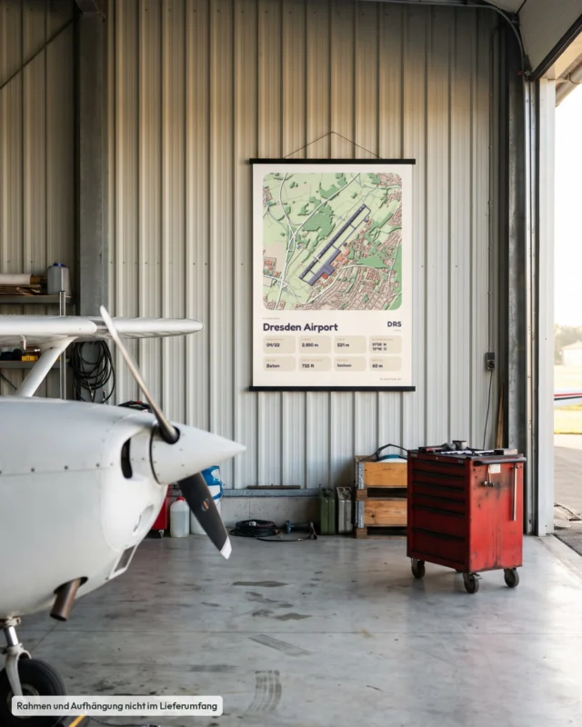 Poster Flughafen Dresden (DRS/EDDC) im Hangar, Stil Clay