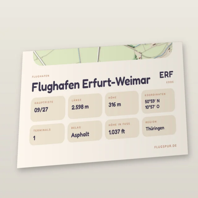 Poster Flughafen Erfurt-Weimar (ERF/EDDE), Stil Clay: Detailansicht mit Name, Kennung, Pistendaten und Koordinaten
